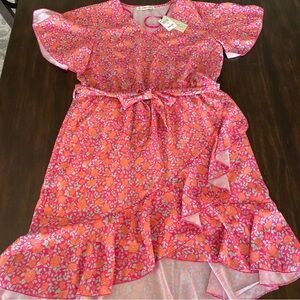 NEW All in Love Women’s Floral Pink and Orange Ruffle Dress, Size 1XL